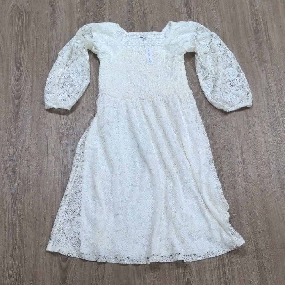 Baltic Born White Square Neck Bishop Sleeve Dress